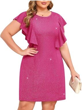 NWT Zomva Sparkly Shift Dress XL Ruffle Sleeve Round Neck Wedding Guest